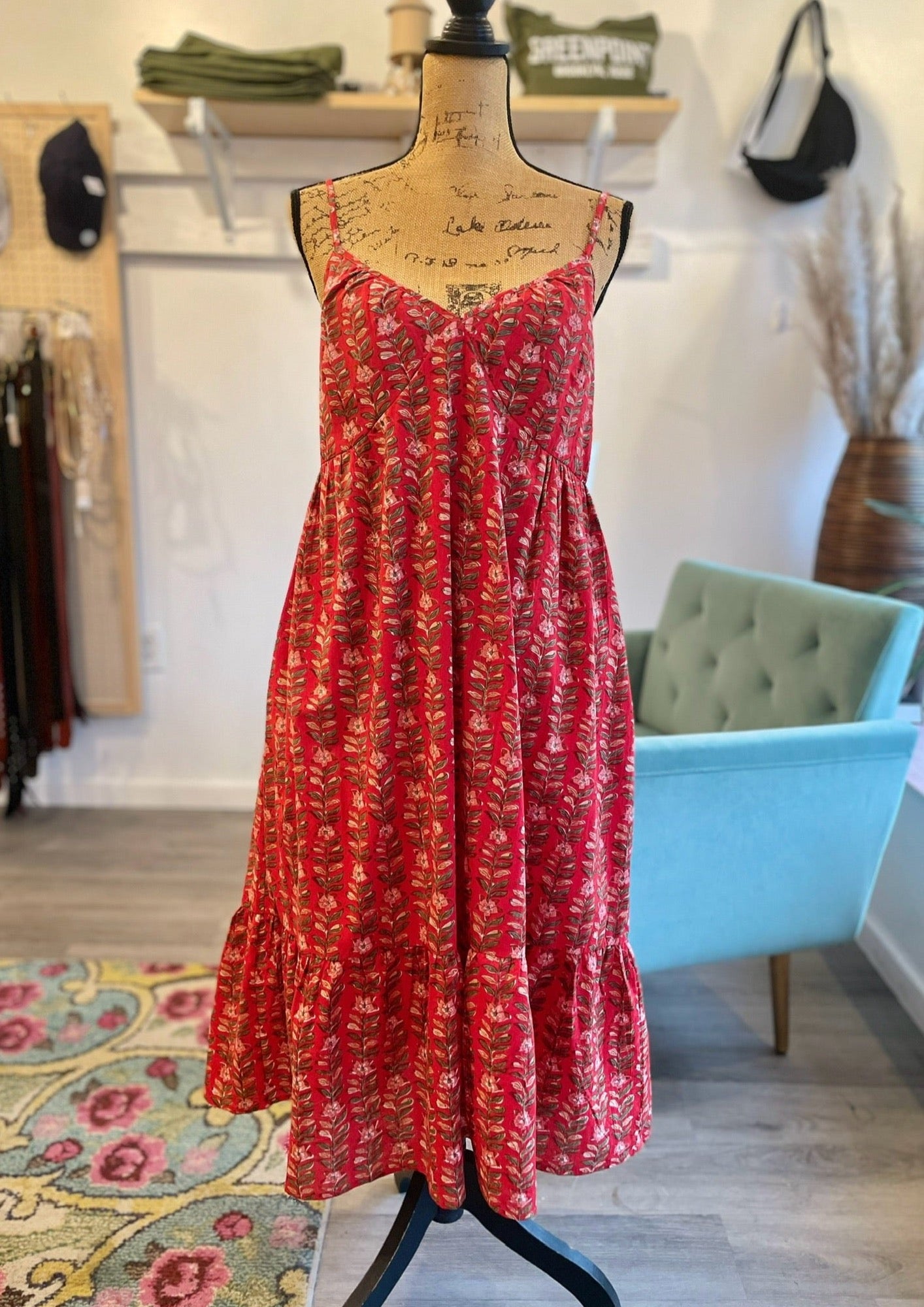 Milly Midi Dress in Red Floral Vine