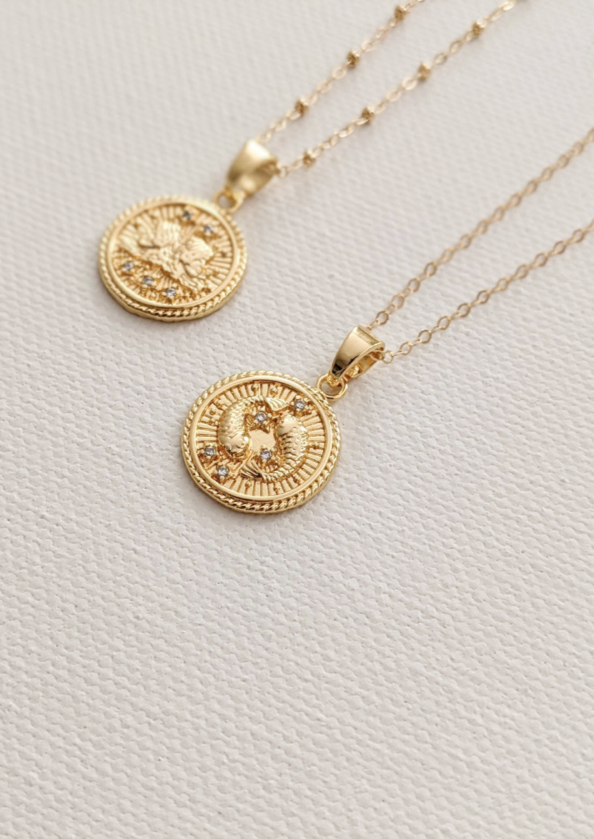 Gold Zodiac Coin Necklaces by Layer the Love