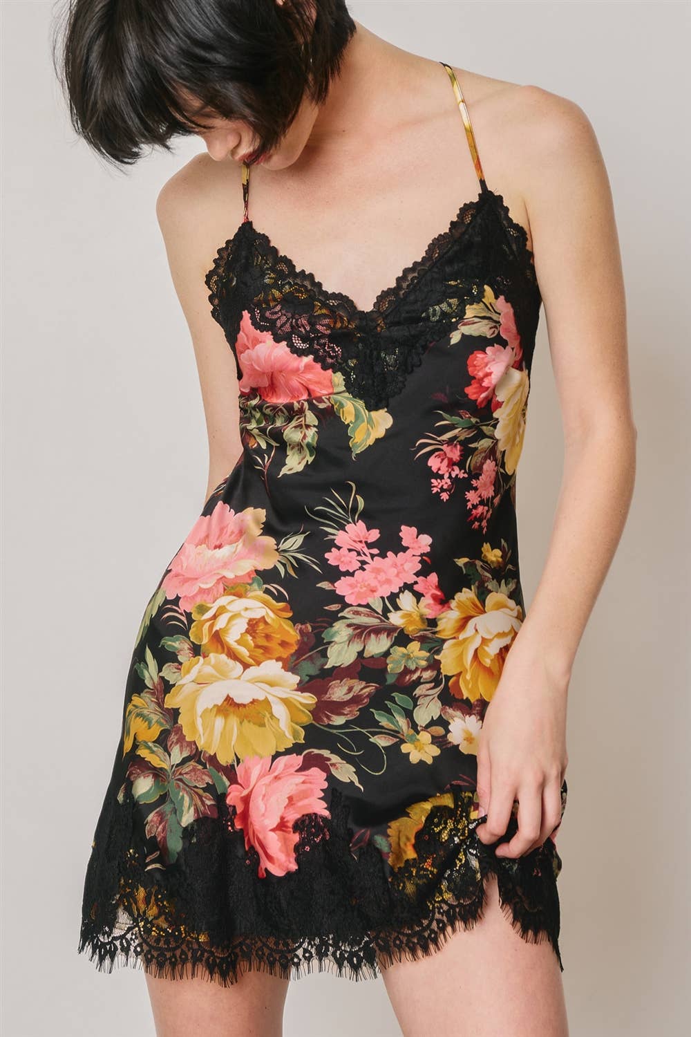 Floral Lace Trim Satin Mini Dress