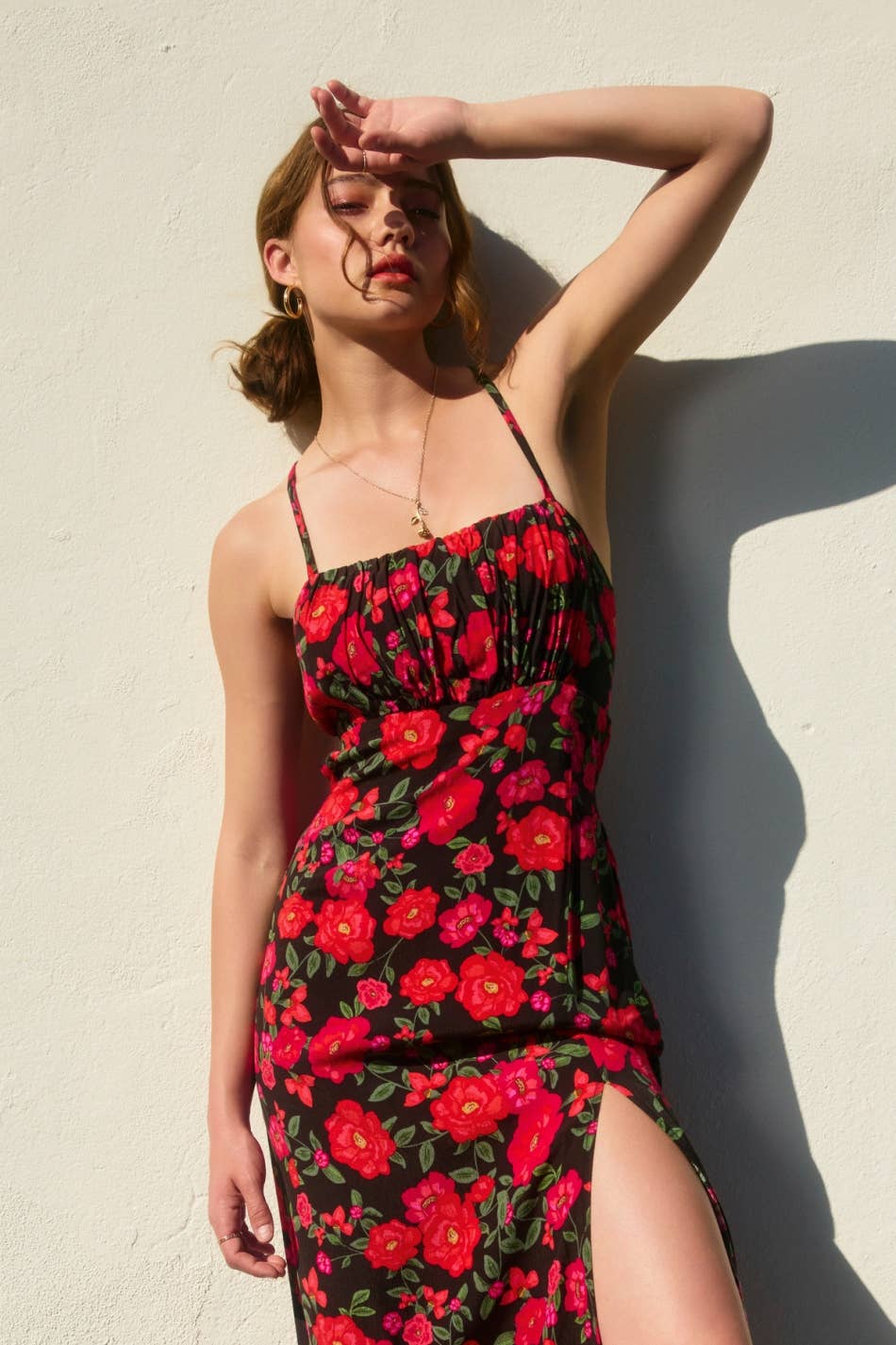 Red Floral Tie Back Midi Dress