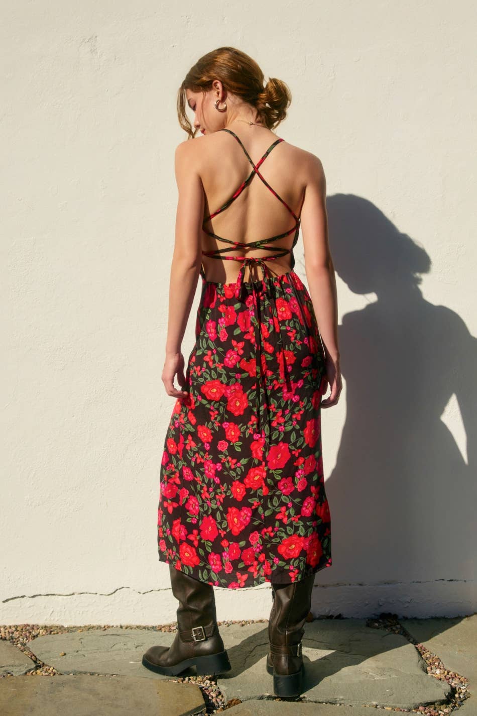 Red Floral Tie Back Midi Dress