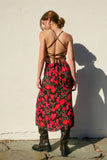 Red Floral Tie Back Midi Dress