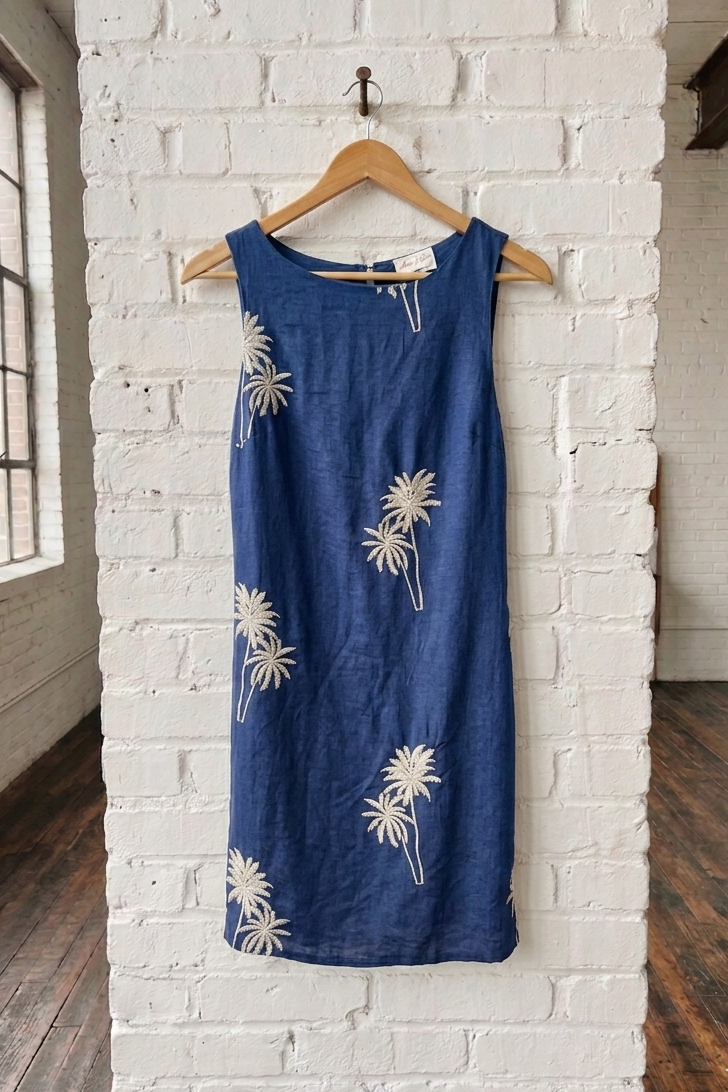 Navy Blue dress with white floral patterns hanging on a wooden hanger against a white brick wall.