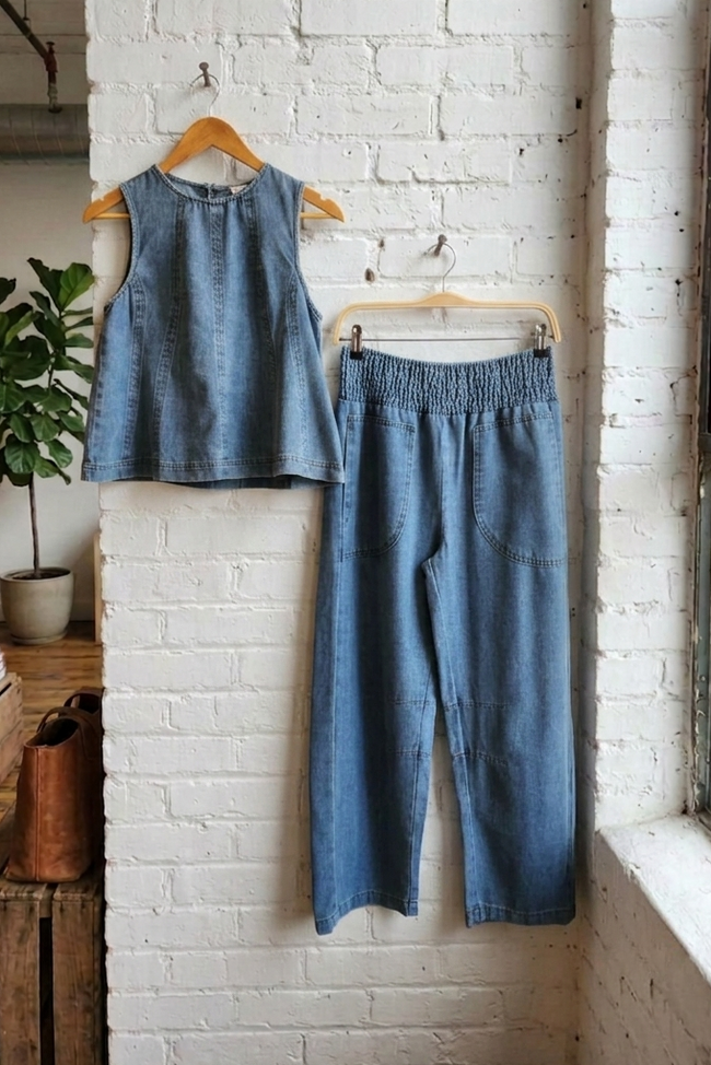 denim sleeveless top and pants hanging on a white brick wall.