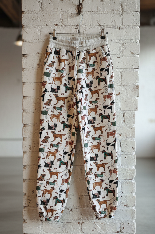 Pajama pants with dog pattern hanging on a brick wall.