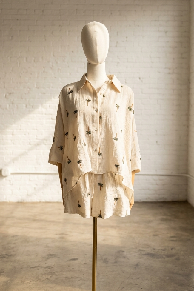 Mannequin wearing a light-colored shirt with small patterns in a room with white brick walls and wooden floor.