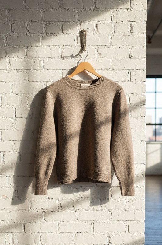 Brown sweater hanging on a hanger against a white brick wall.