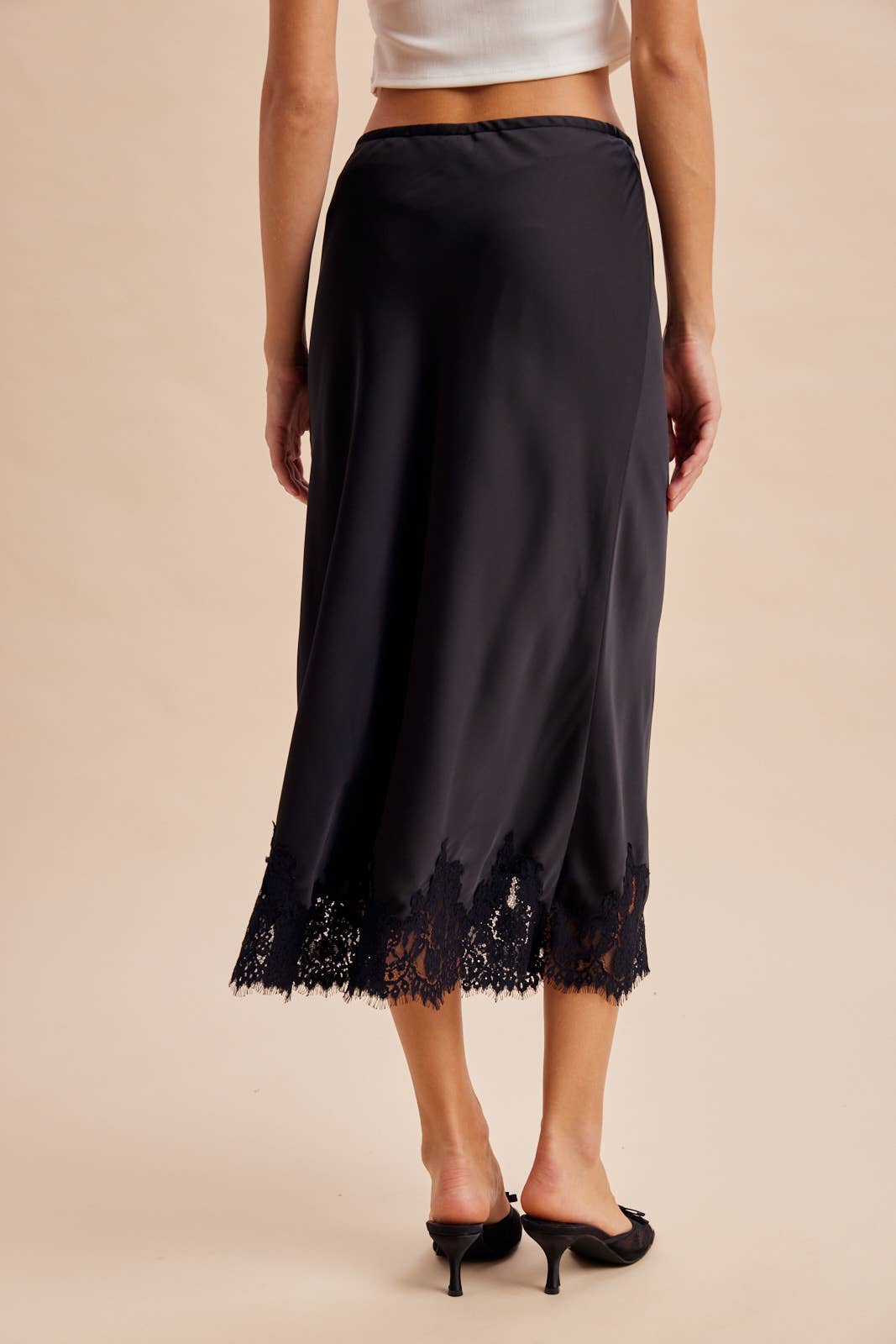 Satin Lace Trim Midi Skirt