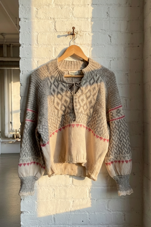 Knitted sweater with a geometric pattern hanging on a brick wall.