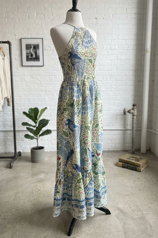 Patterned dress on a mannequin in a room with a white brick wall and clothing rack.