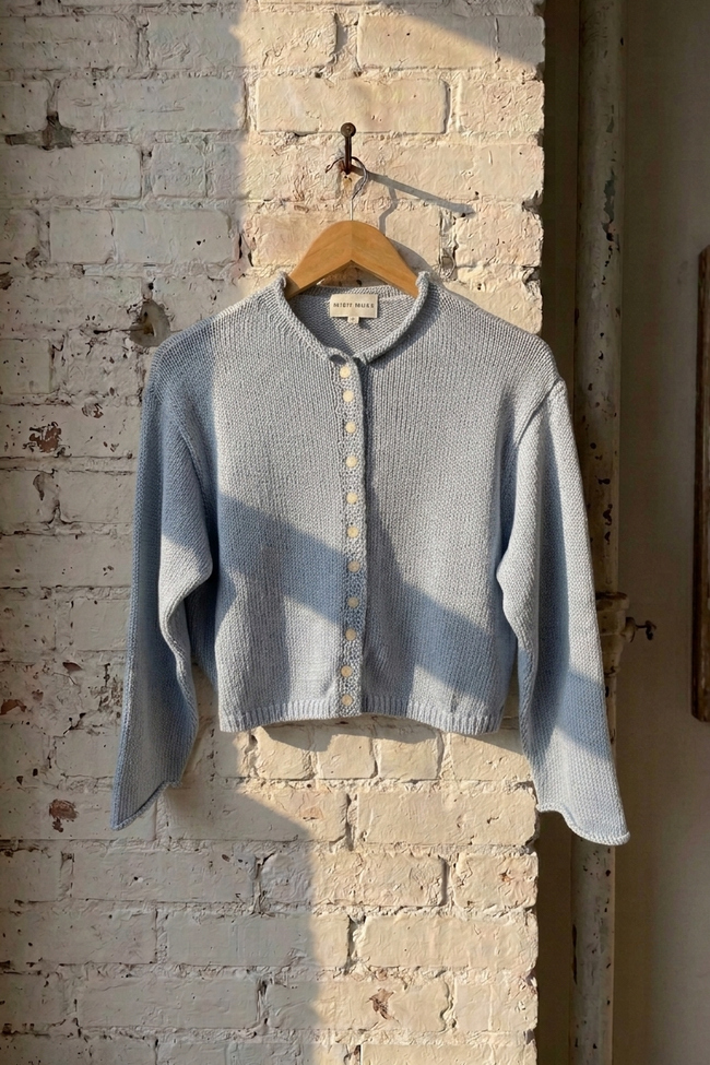 A light blue ribbed knit cardigan sweater with a button-front closure and stand collar, hanging on a wooden hanger against a distressed white brick wall.