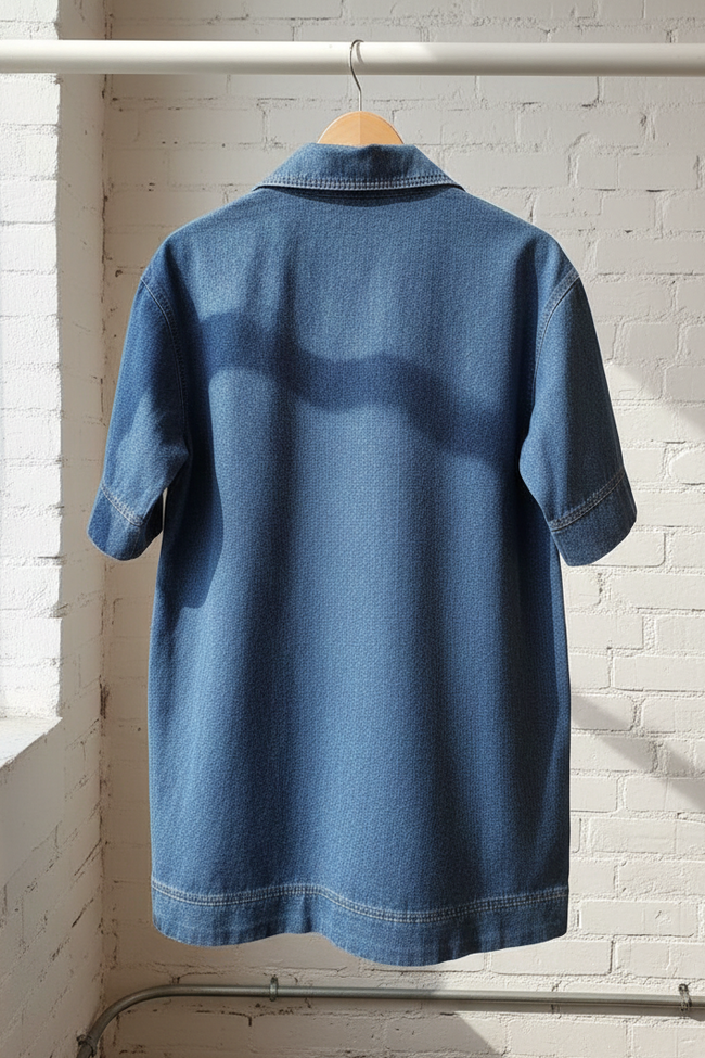 Blue denim mini dress on a hanger against a white brick wall