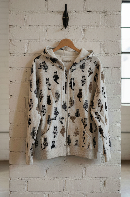 Hoodie with black abstract patterns on a hanger against a white brick wall.