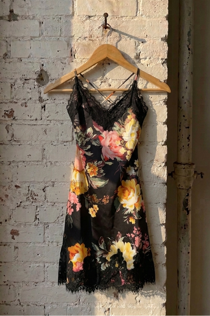 A black floral slip dress with lace trim hangs on a wooden hanger against a distressed white brick wall.
