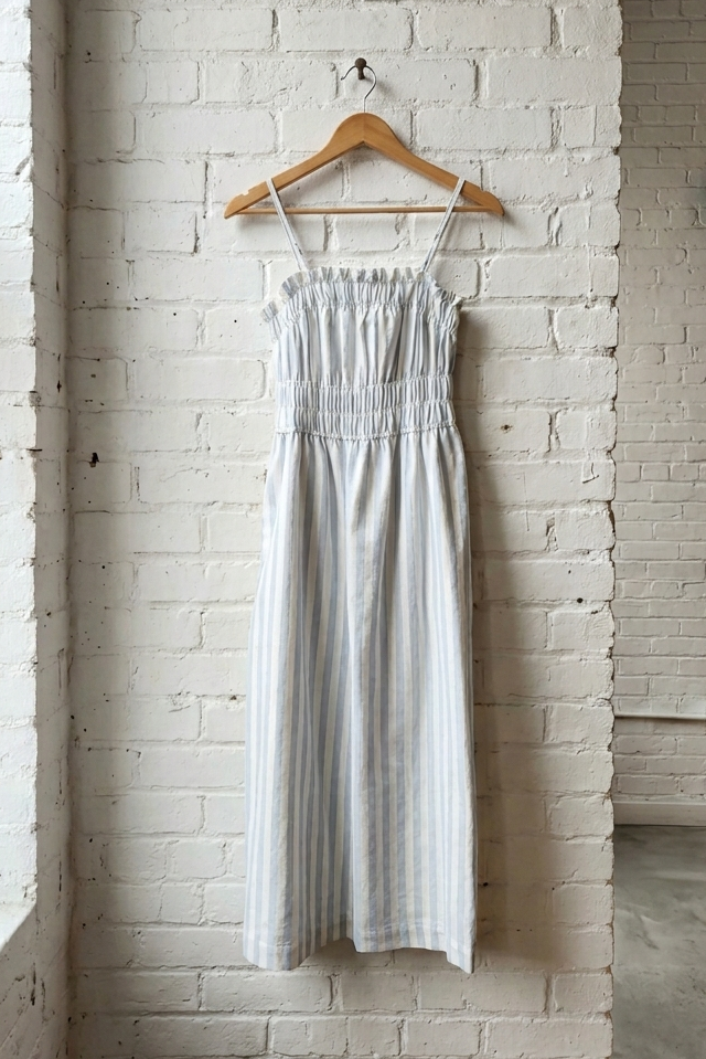 White dress hanging on a wooden hanger against a white brick wall.