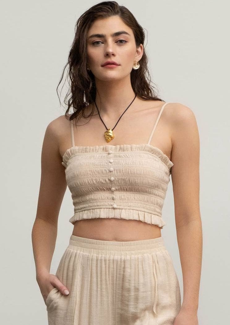 Final Sale - Button Smocked Strappy Crop Top