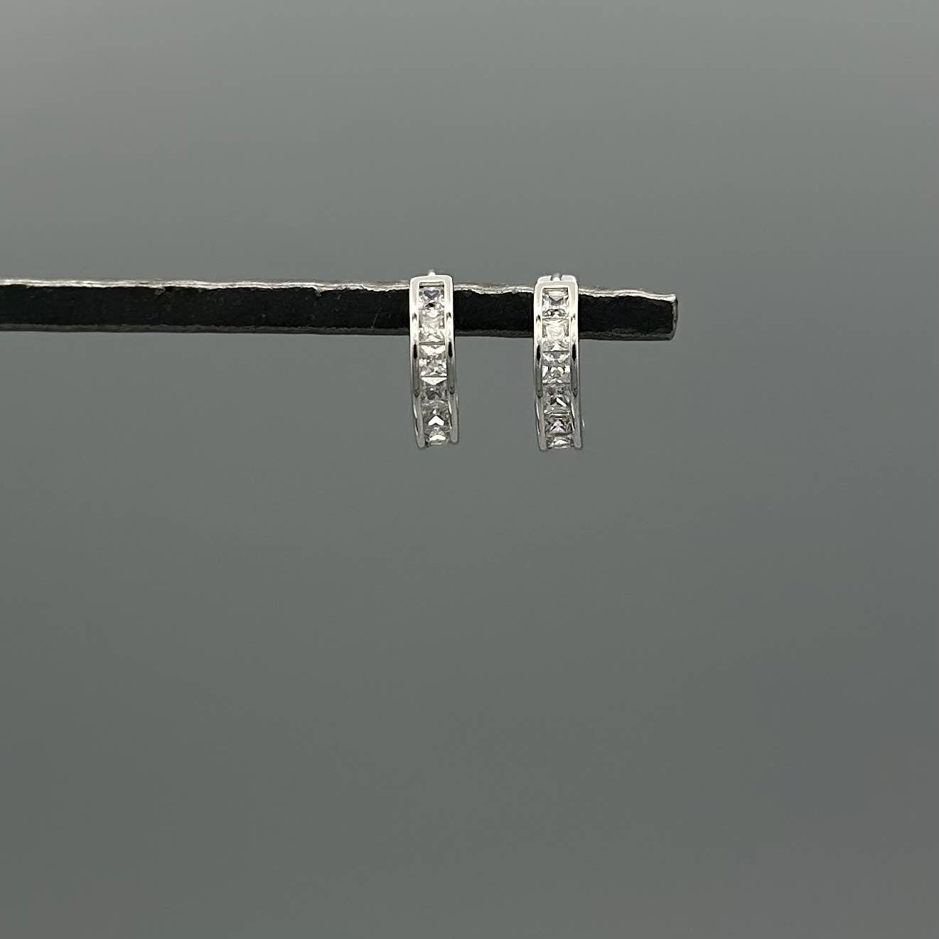 Silver Square CZ Channel Clicker Huggies