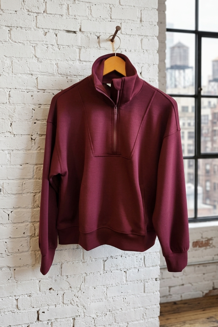 A maroon long-sleeve quarter-zip pullover sweatshirt hanging on a wooden hanger against a white brick wall next to a window with a city view.