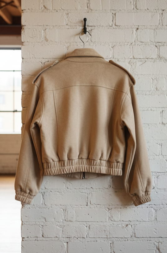 Beige jacket hanging on a brick wall indoors