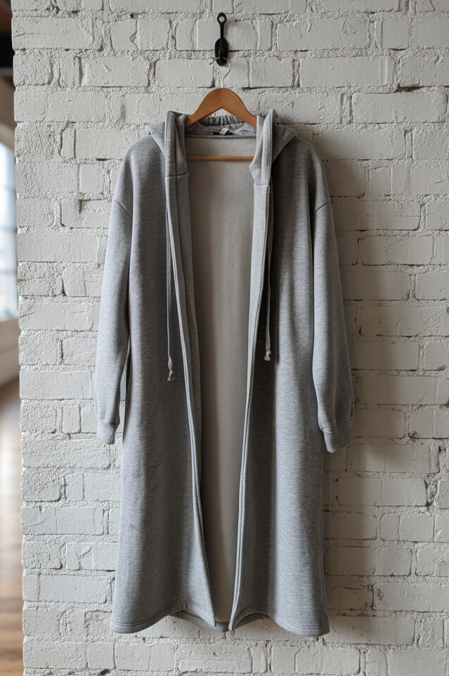 Gray cardigan hanging on a wooden hanger against a white brick wall.