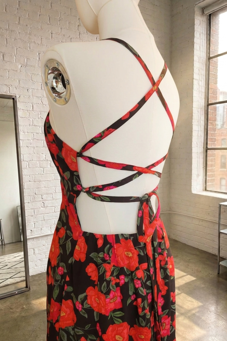 Red Floral Tie Back Midi Dress