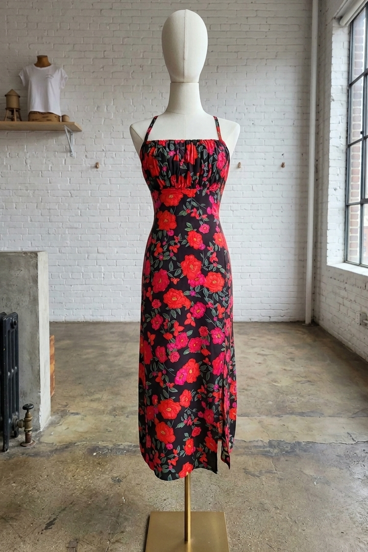 Mannequin wearing a red and black floral dress in a room with white brick walls and large windows.
