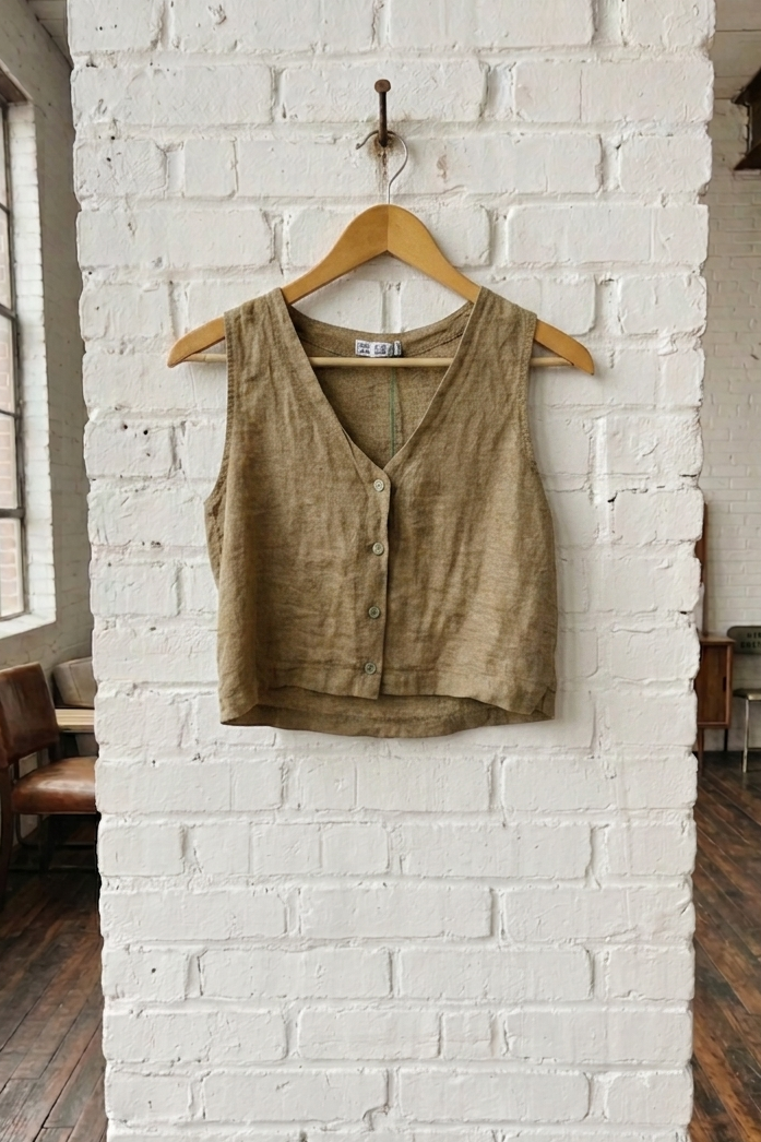 Brown sleeveless top on a wooden hanger against a white brick wall.