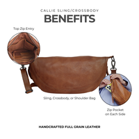 Brown leather sling/crossbody bag with features highlighted on a white background