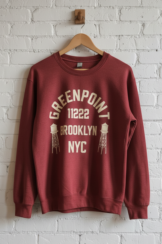 Maroon sweatshirt with 'Greenpoint 11222 Brooklyn NYC' text on a hanger against a white brick wall.