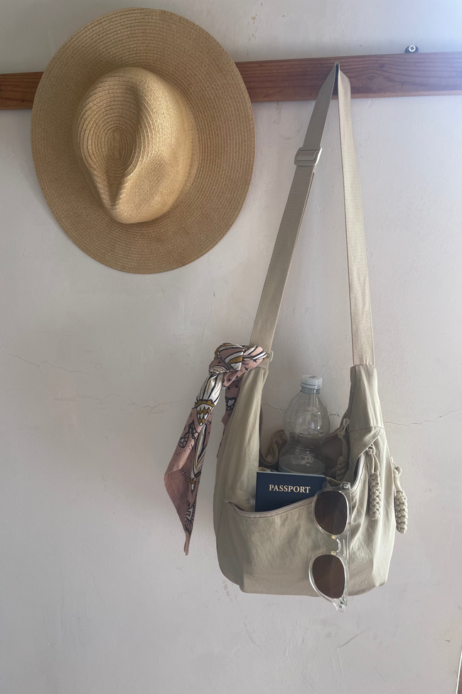 straw hat and bag with passport and sunglasses