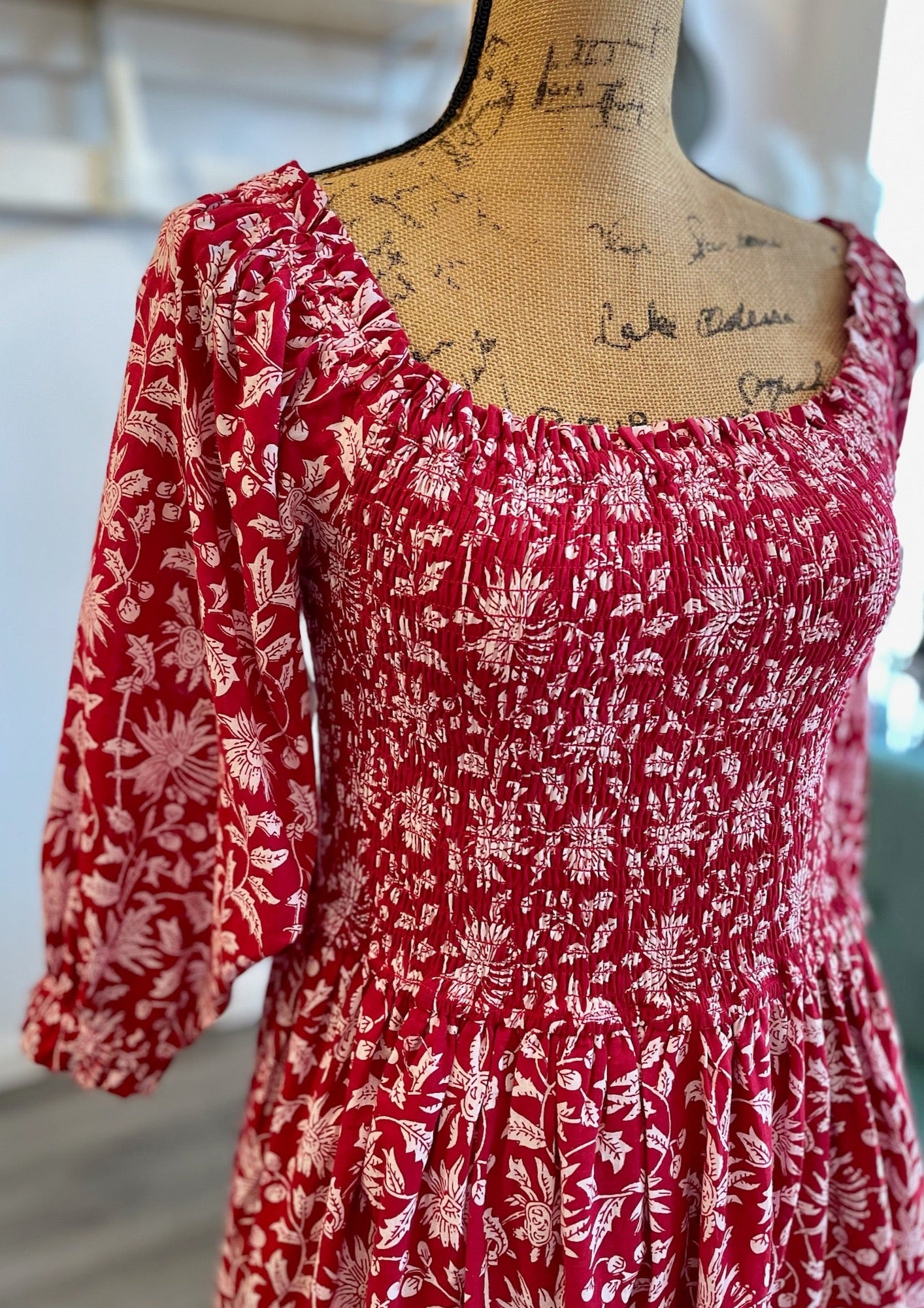 Lauren Smocked Midi Dress in Red Aster
