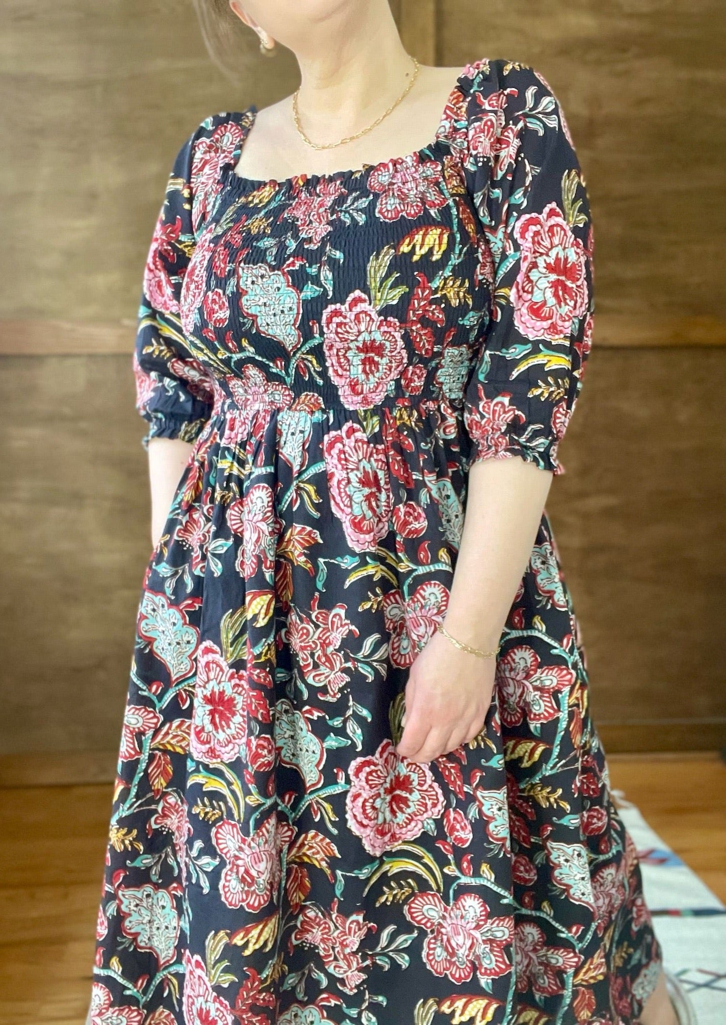 Lauren Smocked Midi Dress in Black Floral