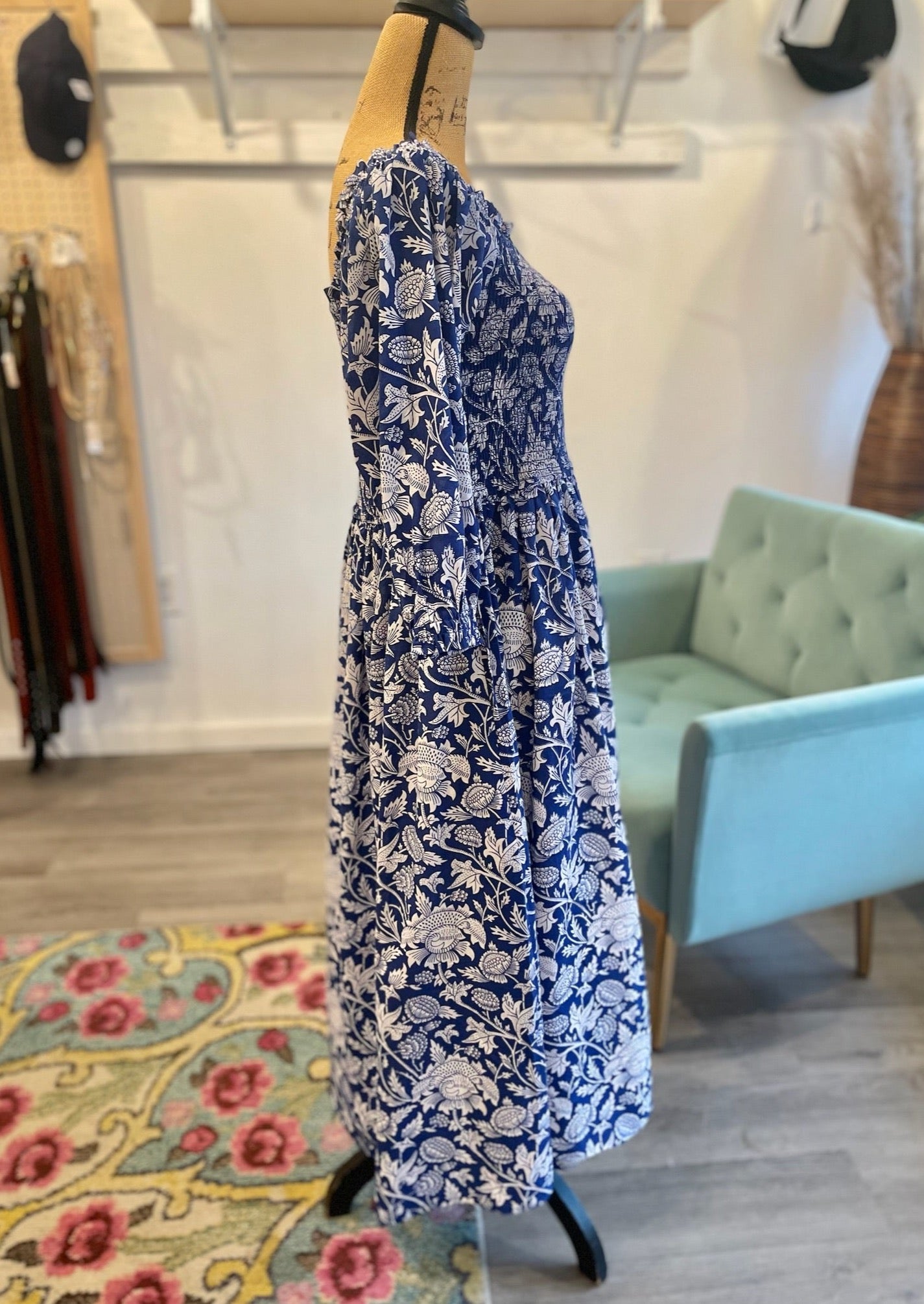 Lauren Smocked Midi Dress in Bright Blue Lotus