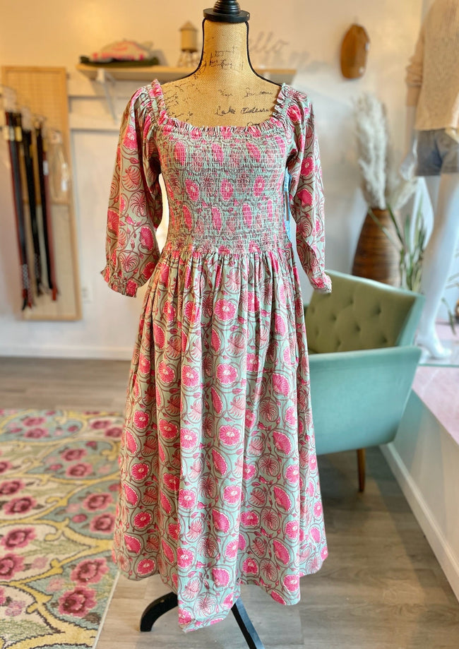 Lauren Smocked Midi Dress in Pink Lily