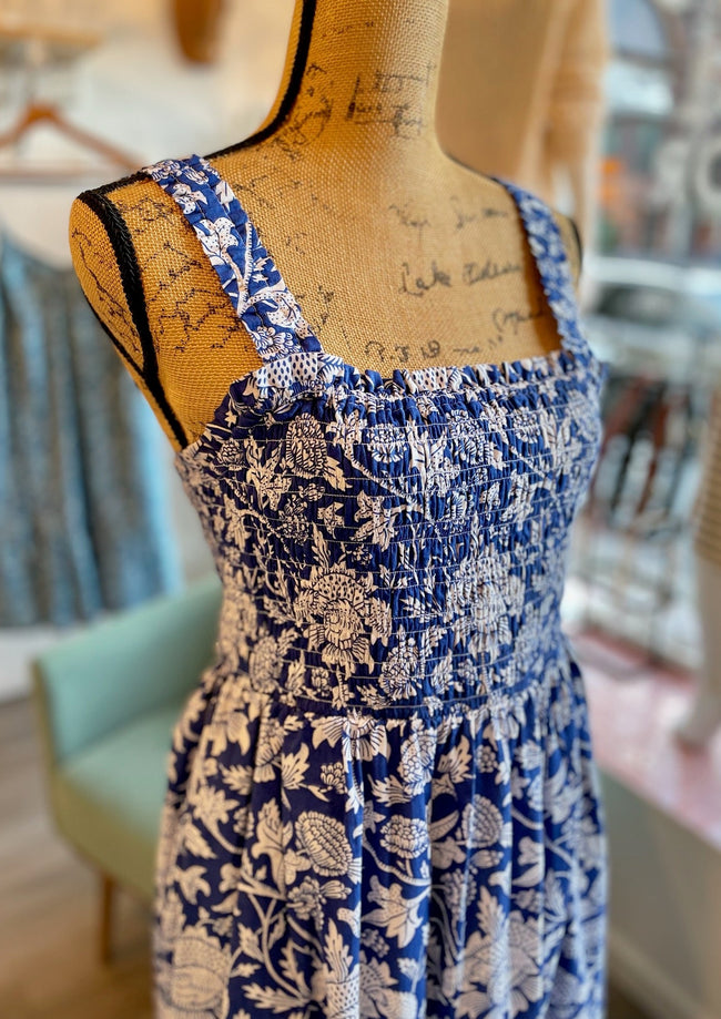 Kiara Smocked Midi Dress in Bright Blue Lily