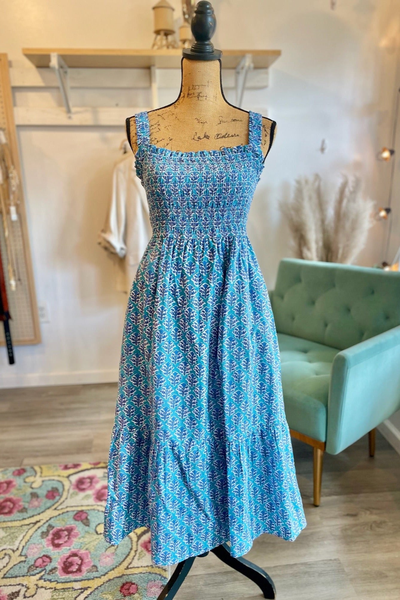 Kiara Smocked Midi Dress Turquoise Bud Kiara Smocked Midi Dress Turquoise Bud