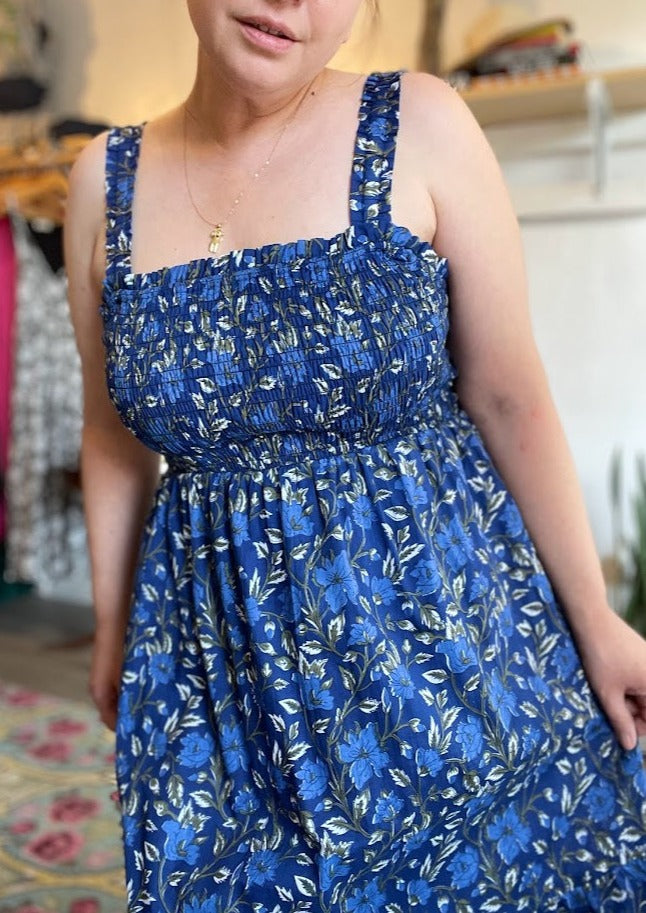 Kiara Smocked Midi Dress in Bright Blue Floral on Navy