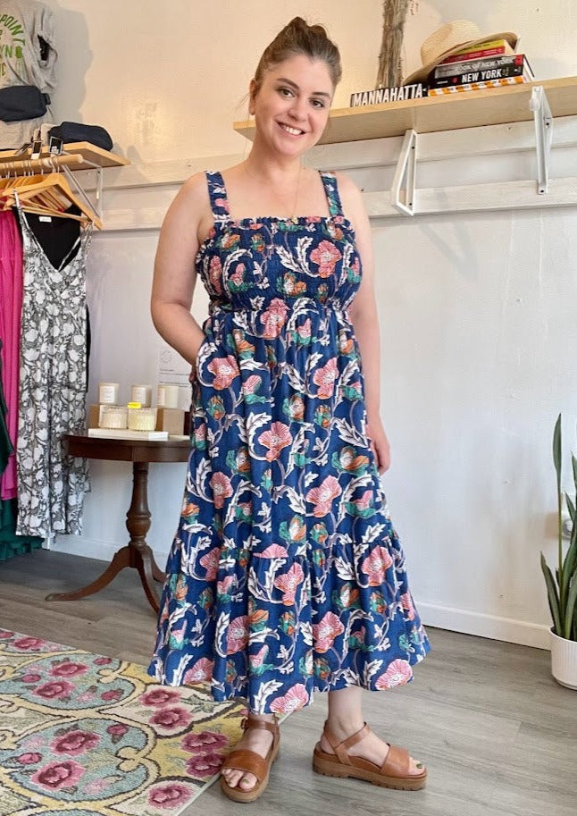 Kiara Smocked Midi Dress in Bright Hibiscus