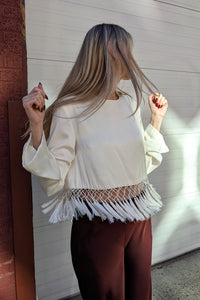 Satin Long Sleeve Blouse with Tassel