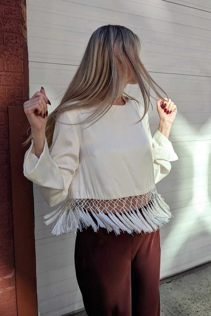 Satin Long Sleeve Blouse with Tassel