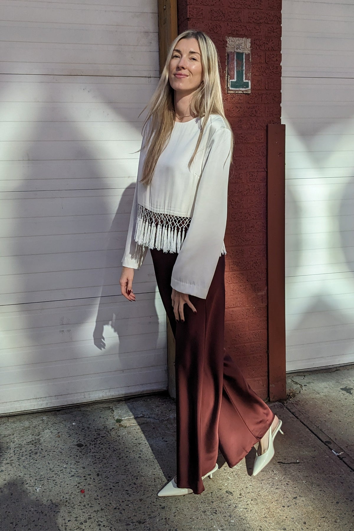 Satin Long Sleeve Blouse with Tassel