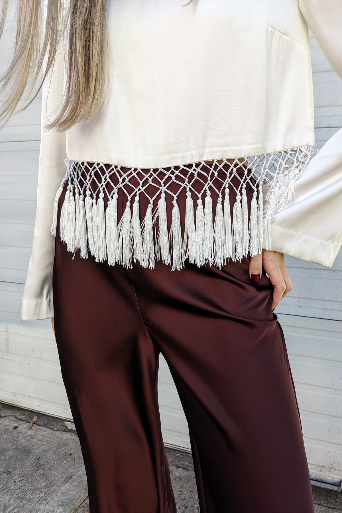 Satin Long Sleeve Blouse with Tassel