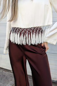 Satin Long Sleeve Blouse with Tassel