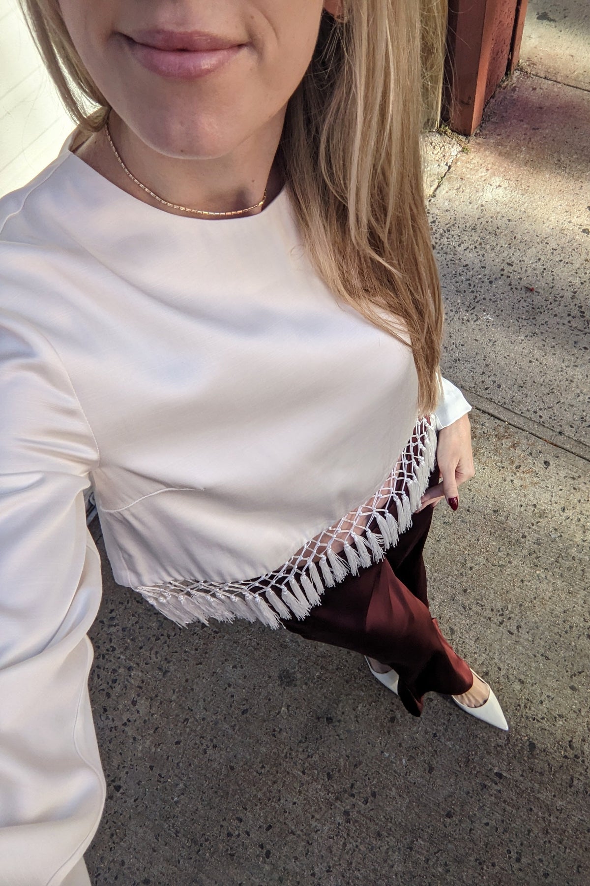 Satin Long Sleeve Blouse with Tassel