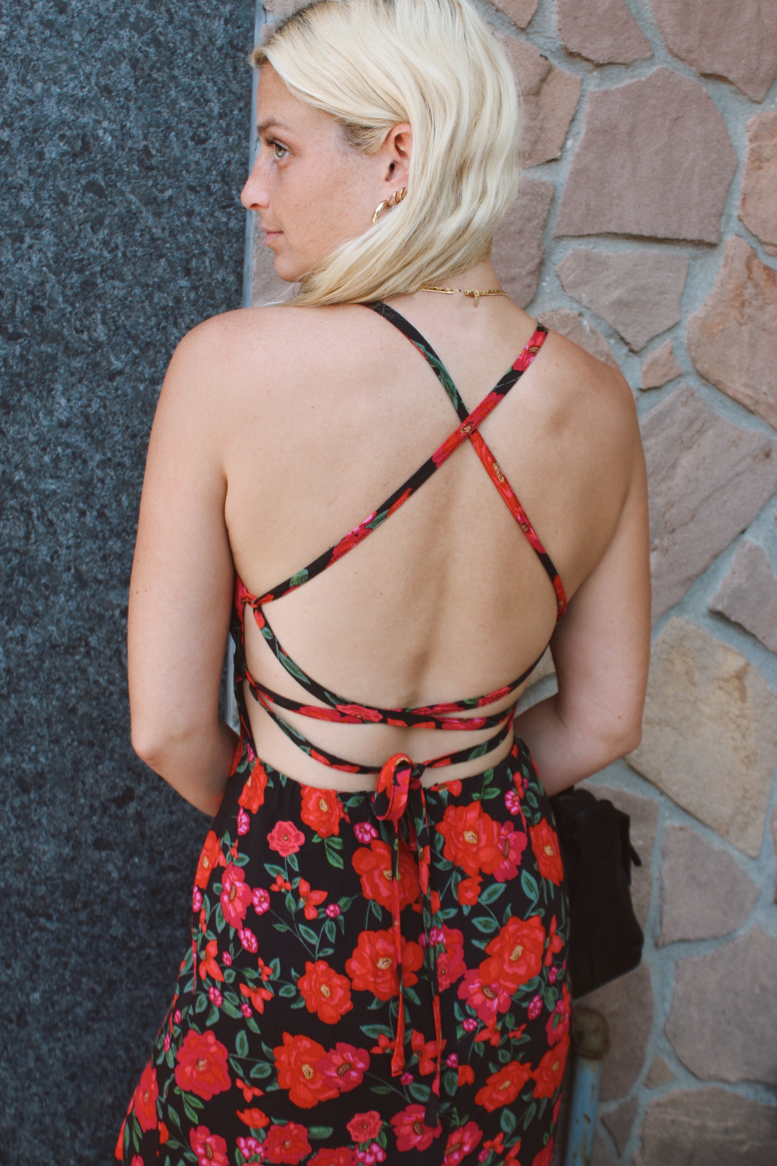 Red Floral Tie Back Midi Dress