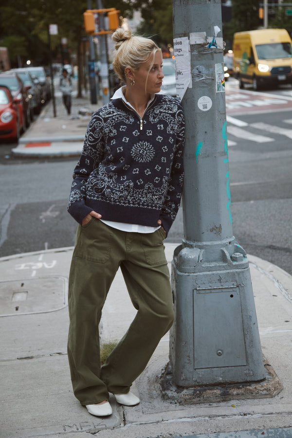 Bandana Pattern Half Zip Sweater