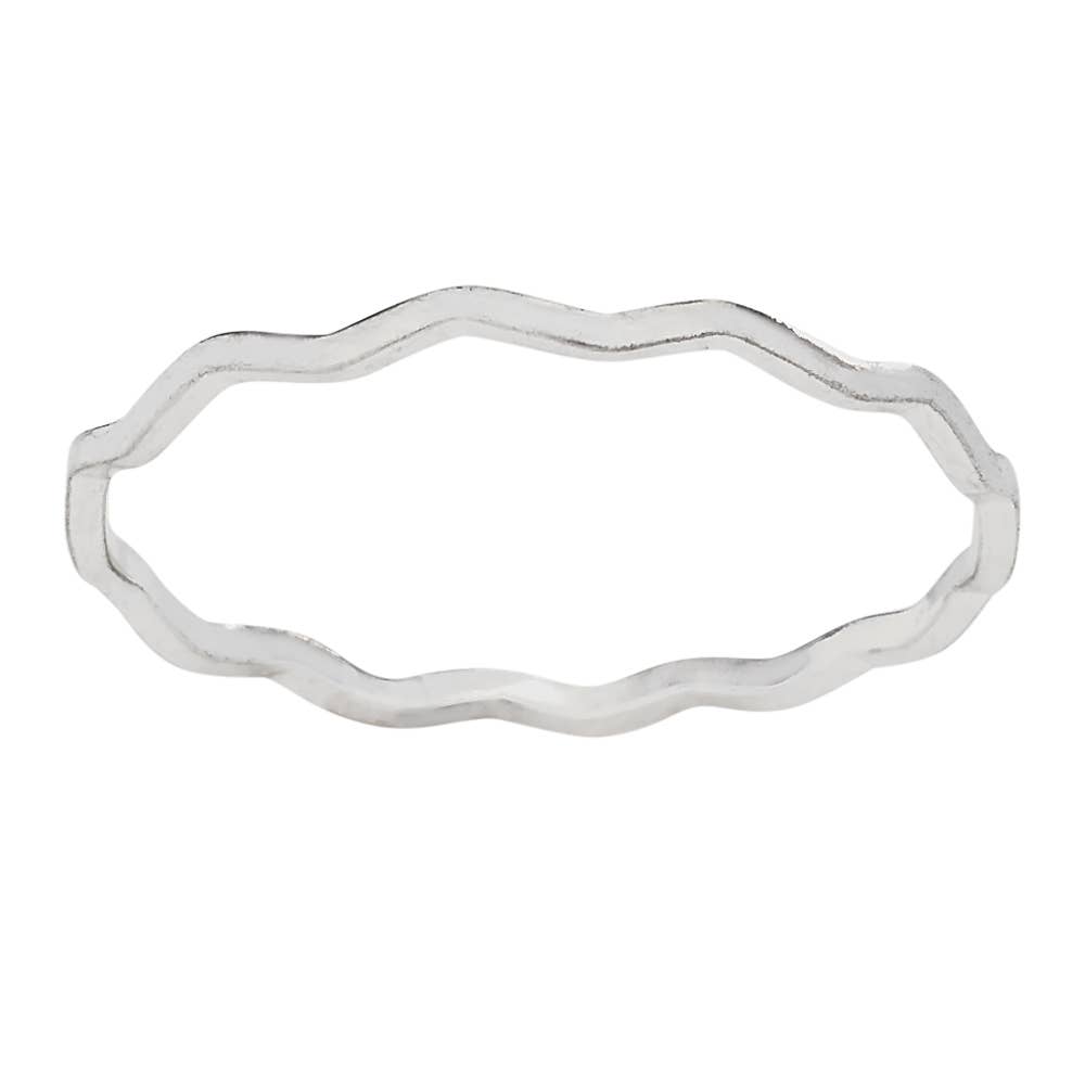 Silver ring with wavy band design on a white background