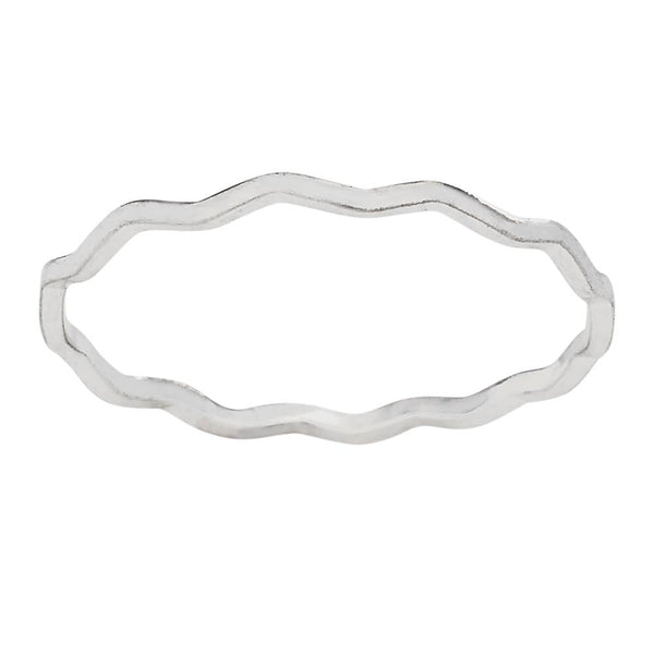 Silver ring with wavy band design on a white background