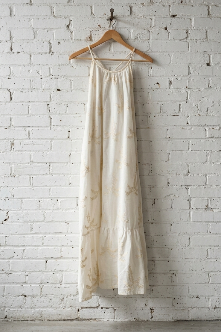 Beige dress hanging on a wooden hanger against a white brick wall.