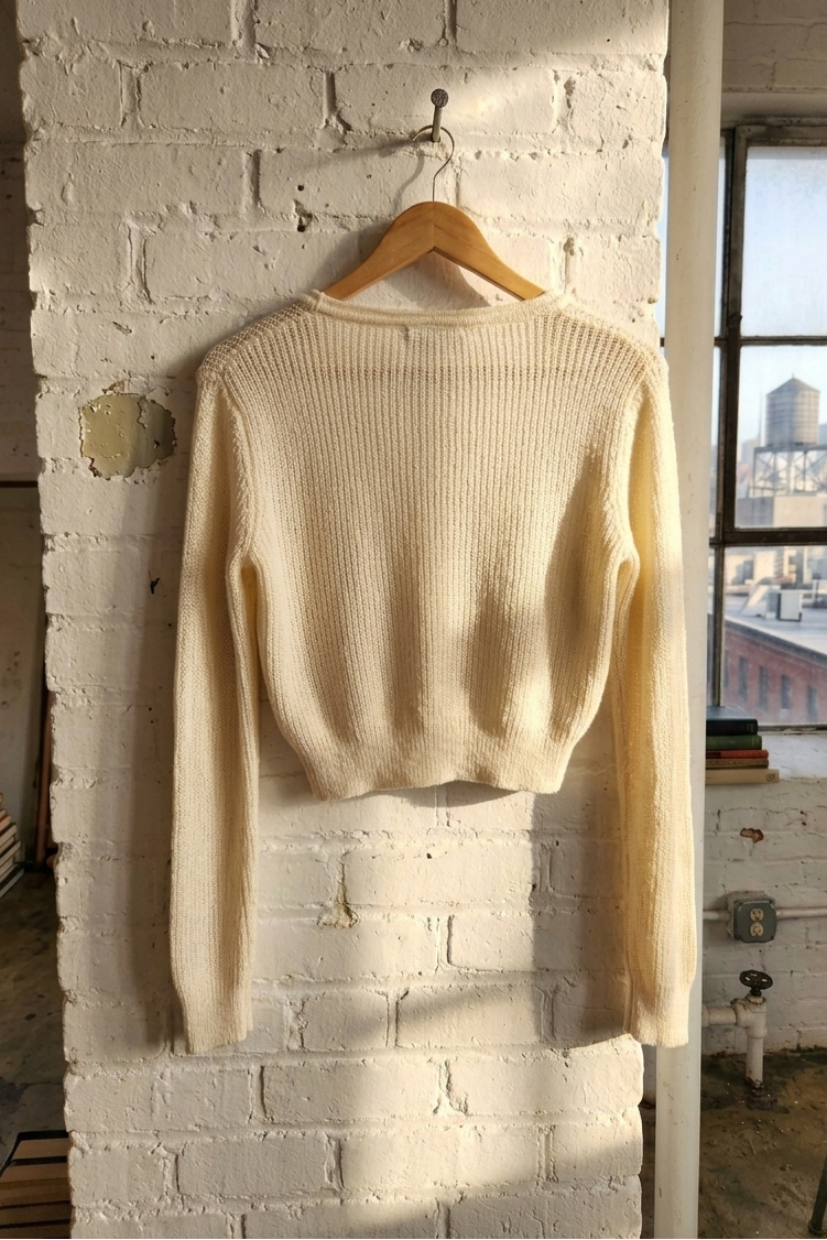 Beige sweater hanging on a wooden hanger against a white brick wall with a window in the background.